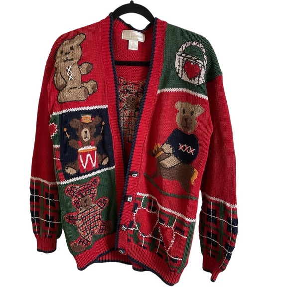 ID Distinction teddy bear and holiday motifs cardigan size small vintage 80’ - Picture 1 of 13